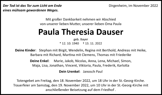 Traueranzeige von Paula Theresia Dauser von Schwäbische Post