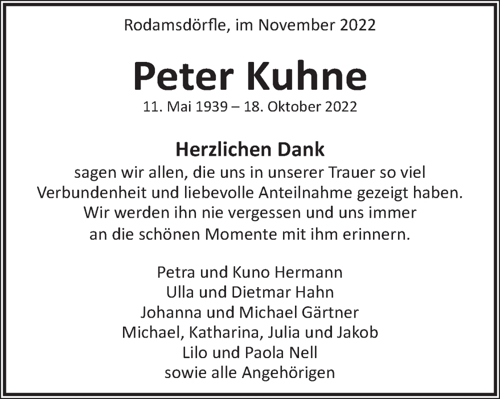  Traueranzeige für Peter Kuhne vom 09.11.2022 aus Schwäbische Post