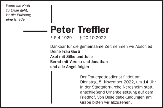 Traueranzeige von Peter Treffler von Schwäbische Post