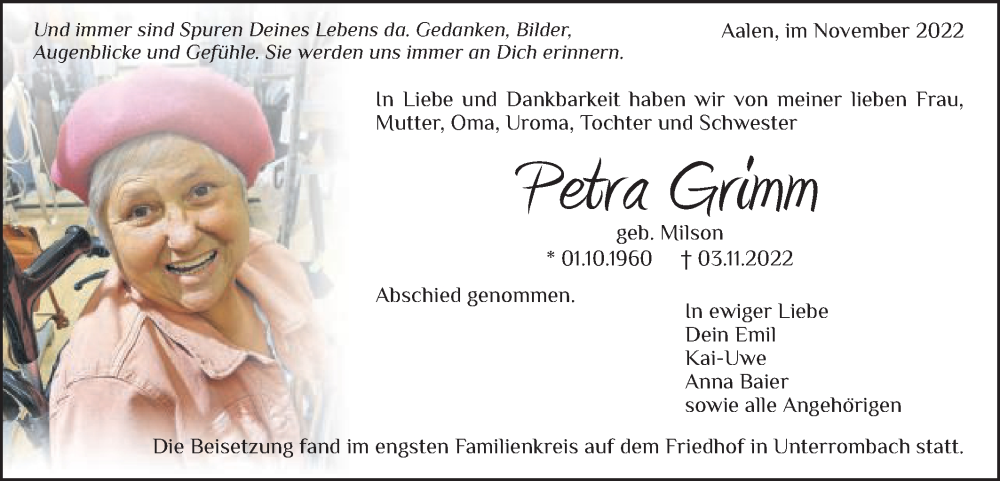  Traueranzeige für Petra Grimm vom 16.11.2022 aus Schwäbische Post