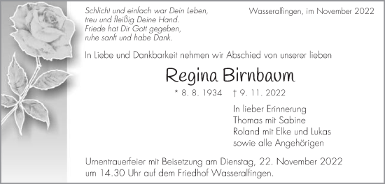 Traueranzeige von Regina Birnbaum von Schwäbische Post