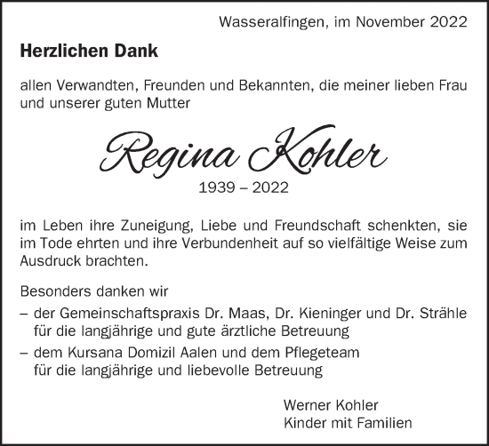 Traueranzeige von Regina Kohler von Schwäbische Post