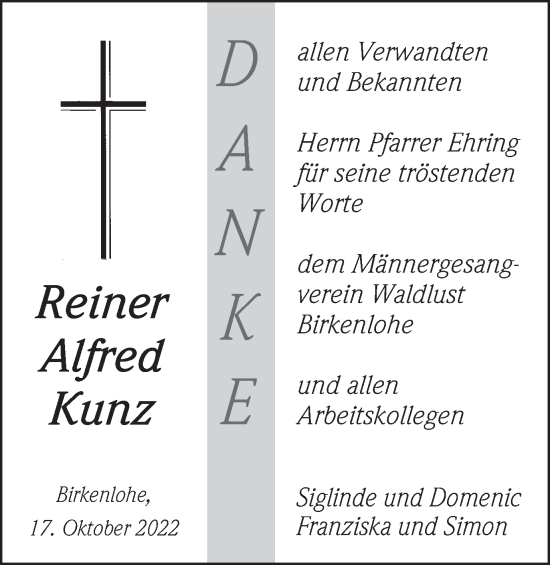 Traueranzeige von Reiner Alfred Kunz von Gmünder Tagespost