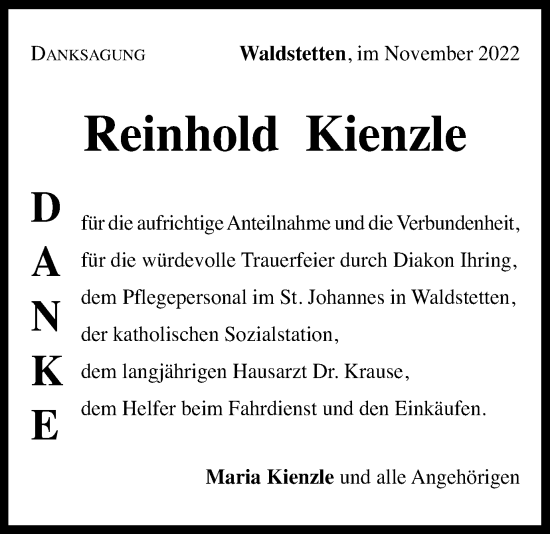 Traueranzeige von Reinhold Kienzle von Gmünder Tagespost