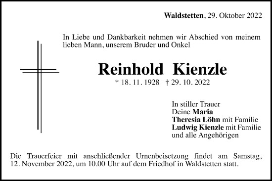 Traueranzeige von Reinhold Kienzle von Gmünder Tagespost