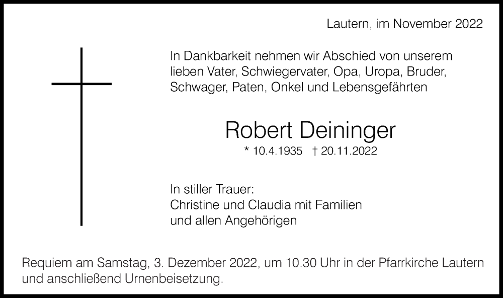  Traueranzeige für Robert Deininger vom 28.11.2022 aus Schwäbische Post