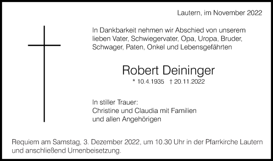 Traueranzeige von Robert Deininger von Schwäbische Post