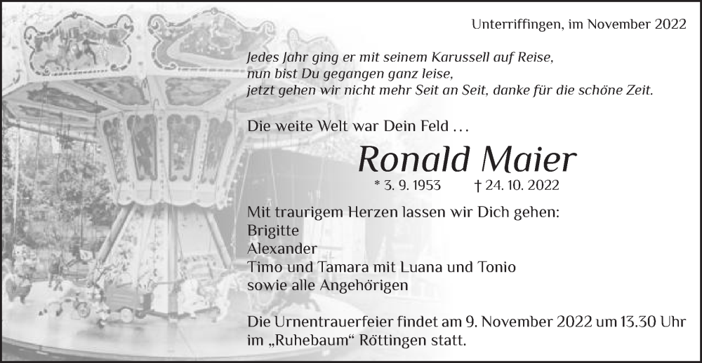  Traueranzeige für Ronald Maier vom 02.11.2022 aus Schwäbische Post