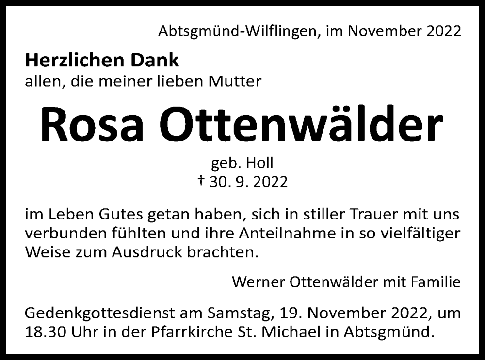 Traueranzeige für Rosa Ottenwälder vom 16.11.2022 aus Schwäbische Post