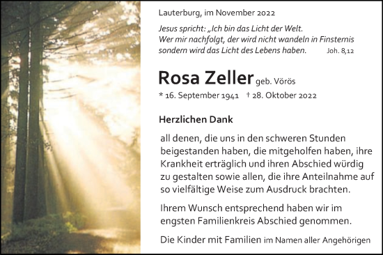 Traueranzeige von Rosa Zeller von Schwäbische Post