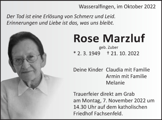 Traueranzeige von Rose Marzluf von Schwäbische Post