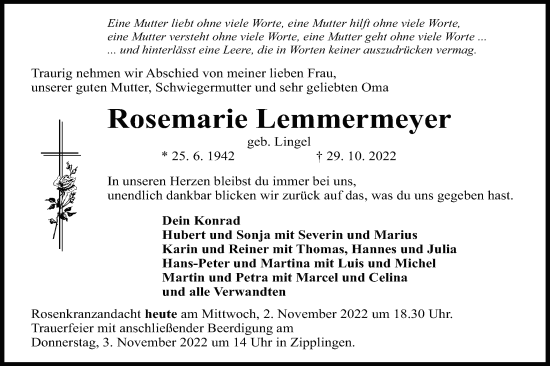 Traueranzeige von Rosemarie Lemmermeyer von Schwäbische Post