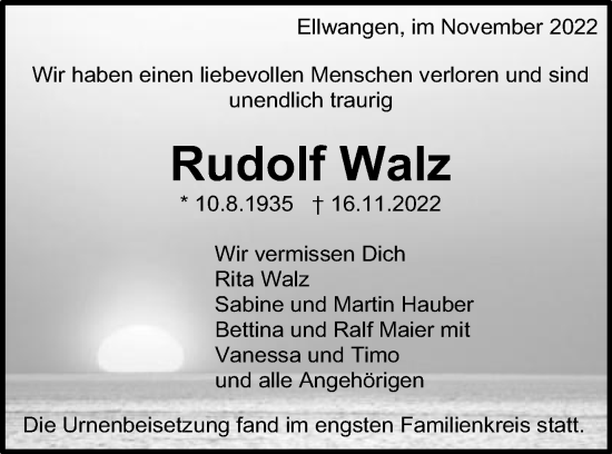 Traueranzeige von Rudolf Walz von Schwäbische Post