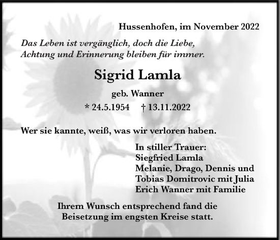 Traueranzeige von Sigrid Lamla von Gmünder Tagespost