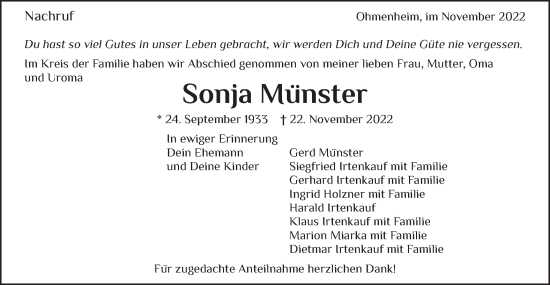 Traueranzeige von Sonja Münster von Schwäbische Post