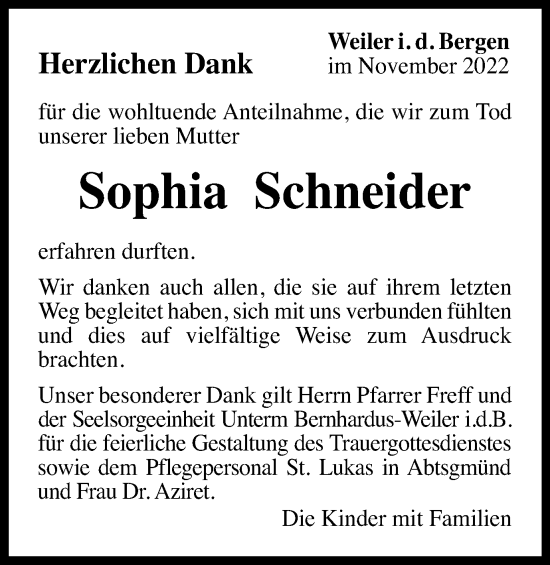 Traueranzeige von Sophia Schneider von Gmünder Tagespost