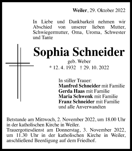 Traueranzeige von Sophia Schneider von Gmünder Tagespost