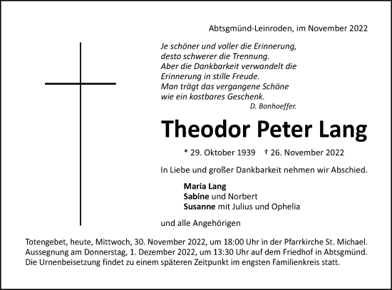 Traueranzeige von Theodor Peter Lang von Schwäbische Post