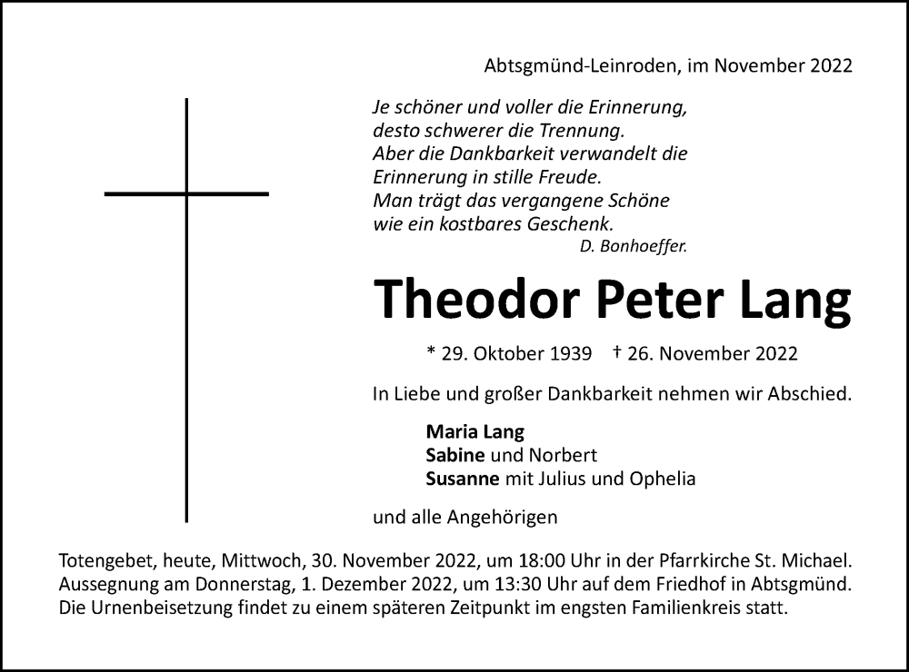  Traueranzeige für Theodor Peter Lang vom 30.11.2022 aus Schwäbische Post