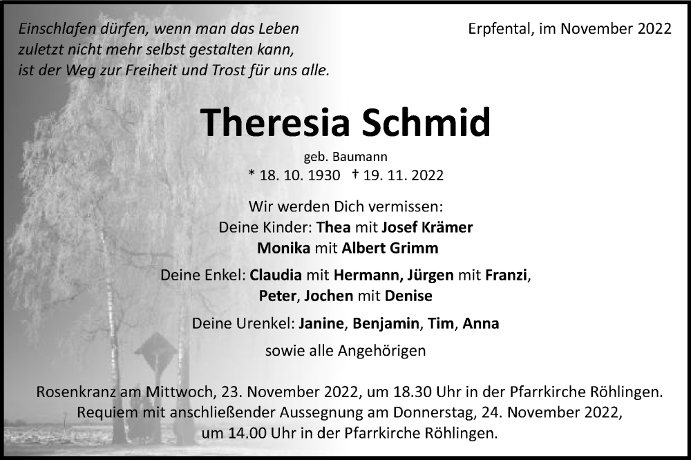  Traueranzeige für Theresia Schmid vom 22.11.2022 aus Schwäbische Post