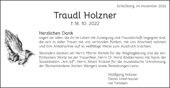 Traueranzeige von Traudl Holzner von Bopfinger Stadtanzeiger