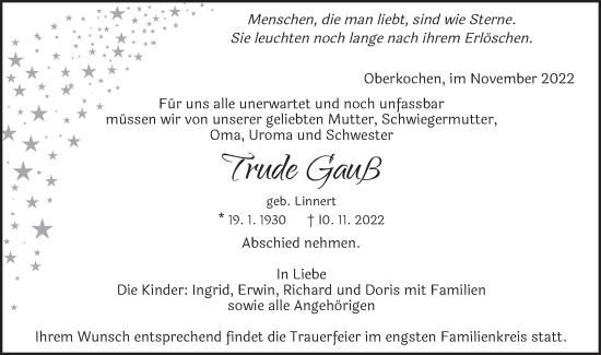 Traueranzeige von Trude Gauß von Schwäbische Post