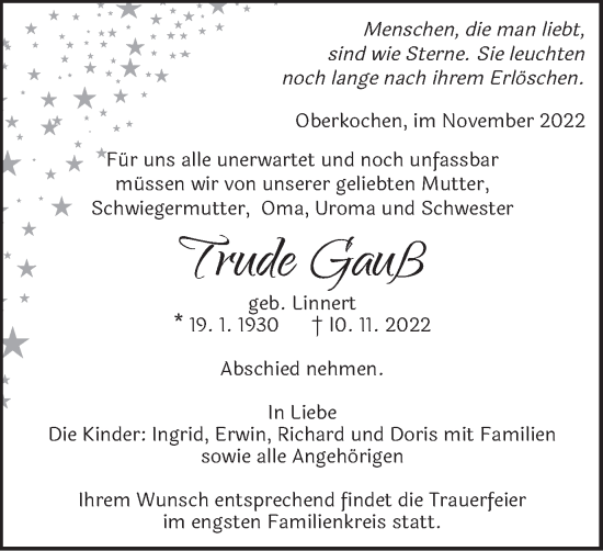 Traueranzeige von Trude Gauß von Amtsblatt_Oko