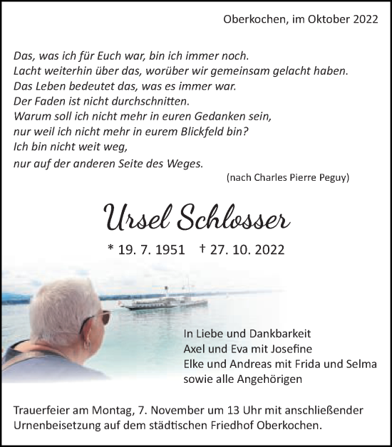 Traueranzeige von Ursel Schlosser von Amtsblatt_Oko