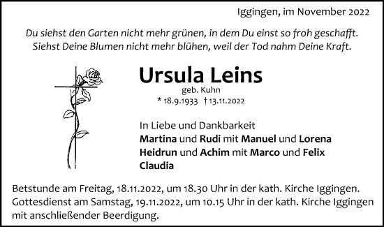 Traueranzeige von Ursula Leins von Gmünder Tagespost