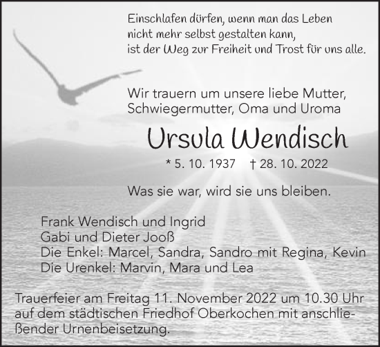 Traueranzeige von Ursula Wendisch  von Schwäbische Post
