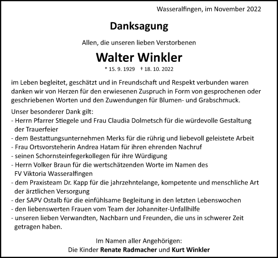 Traueranzeige von Walter Winkler von Schwäbische Post