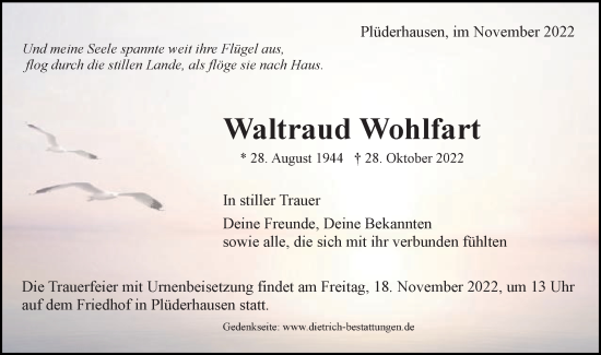 Traueranzeige von Waltraud Wohlfart von Gmünder Tagespost