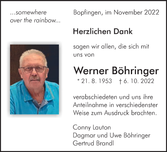 Traueranzeige von Werner Böhringer von Schwäbische Post