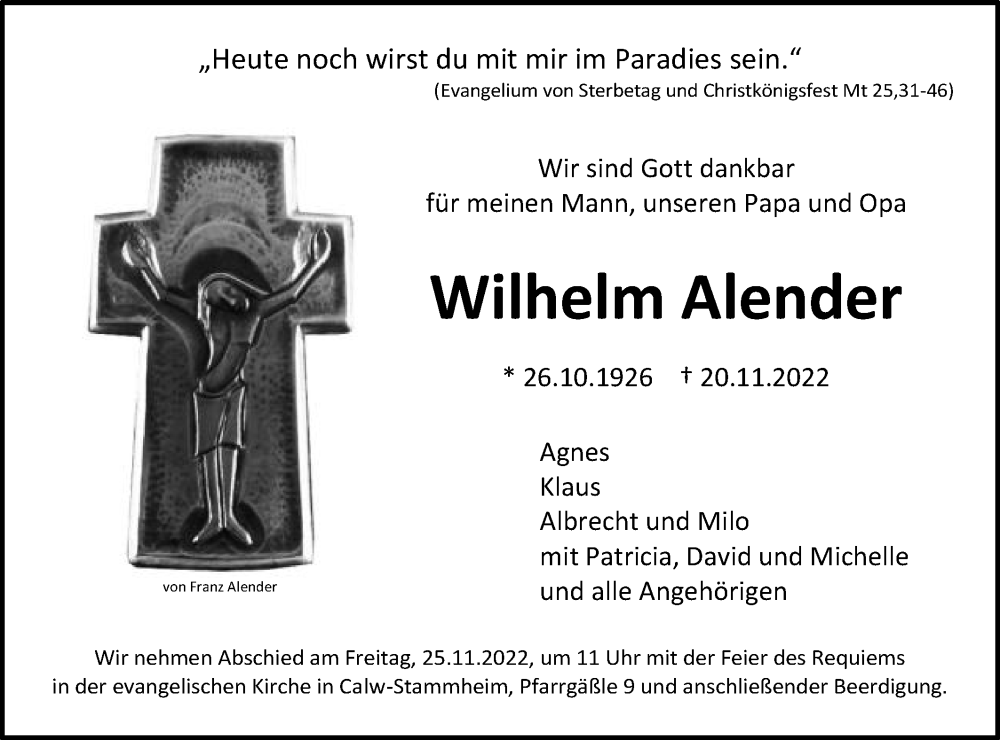 Traueranzeige für Wilhelm Alender vom 22.11.2022 aus Schwäbische Post