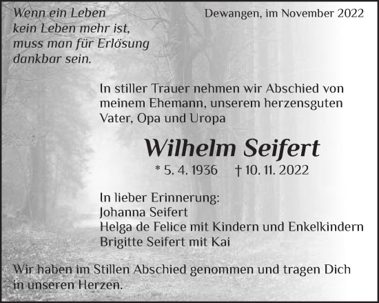 Traueranzeige von Wilhelm Seifert von Schwäbische Post