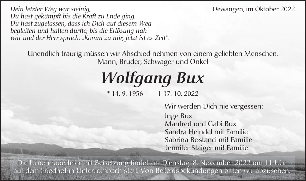  Traueranzeige für Wolfgang Bux vom 02.11.2022 aus Schwäbische Post