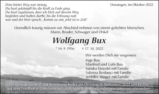 Traueranzeige von Wolfgang Bux von Schwäbische Post