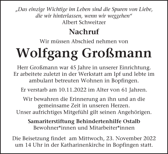 Traueranzeige von Wolfgang Großmann von Schwäbische Post