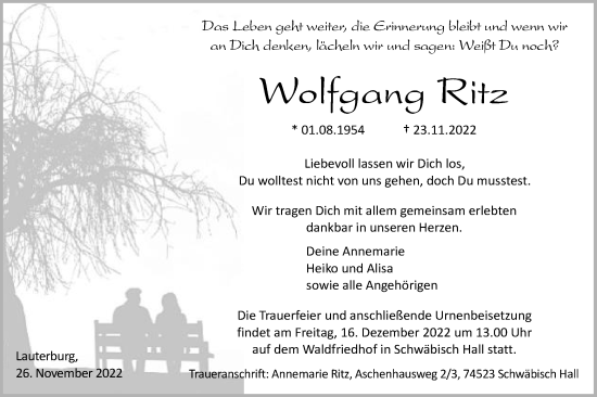 Traueranzeige von Wolfgang Ritz von Schwäbische Post