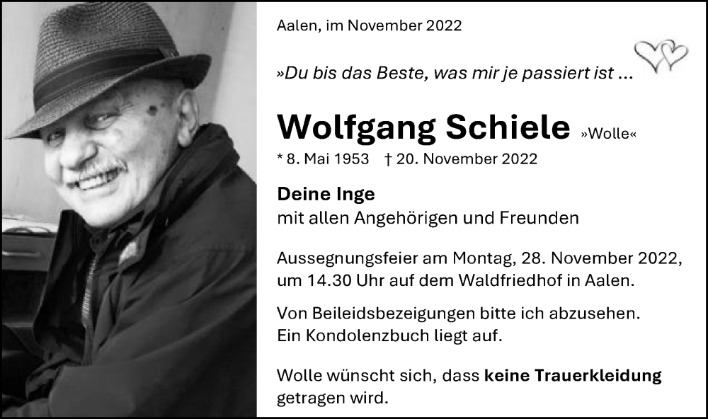  Traueranzeige für Wolfgang Schiele vom 23.11.2022 aus Schwäbische Post