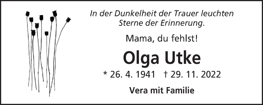  Traueranzeige für Olga Utke vom 10.12.2022 aus Schwäbische Post