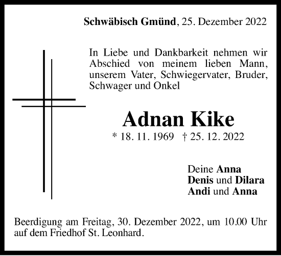 Traueranzeige von Adnan Kike von Gmünder Tagespost