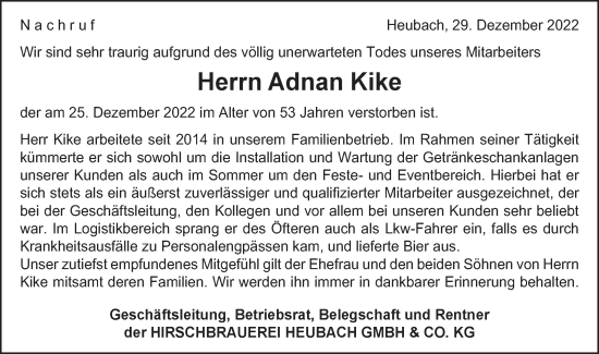 Traueranzeige von Adnan Kike von Gmünder Tagespost