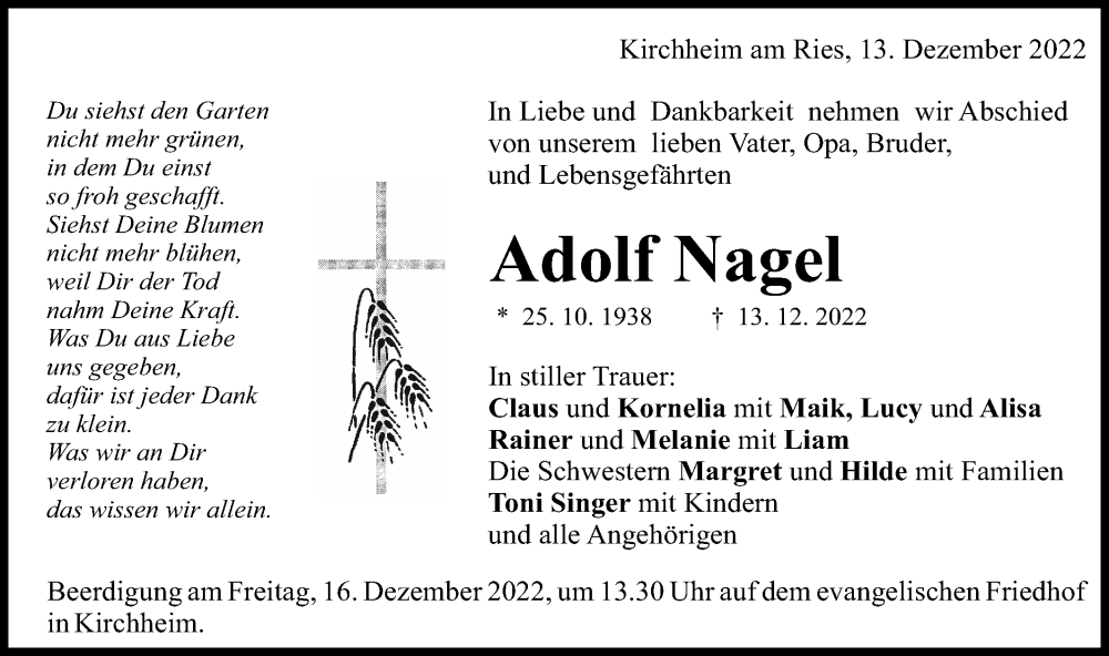  Traueranzeige für Adolf Nagel vom 14.12.2022 aus Schwäbische Post