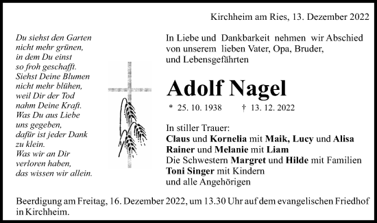 Traueranzeige von Adolf Nagel von Schwäbische Post