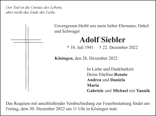 Traueranzeige von Adolf Siebler von Schwäbische Post