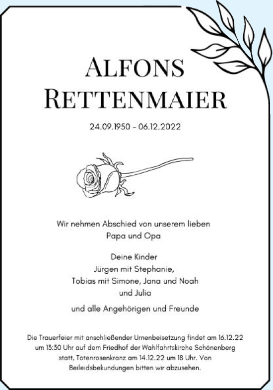 Traueranzeige von ALfons Rettenmaier von Schwäbische Post