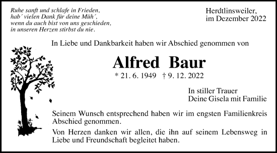 Traueranzeige von Alfred Baur von Gmünder Tagespost