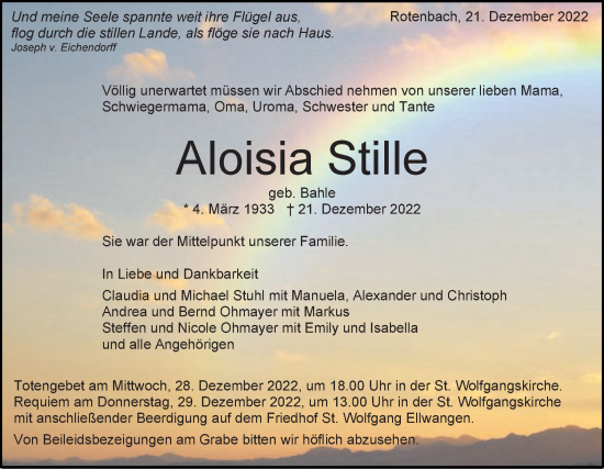 Traueranzeige von Aloisia Stille von Schwäbische Post
