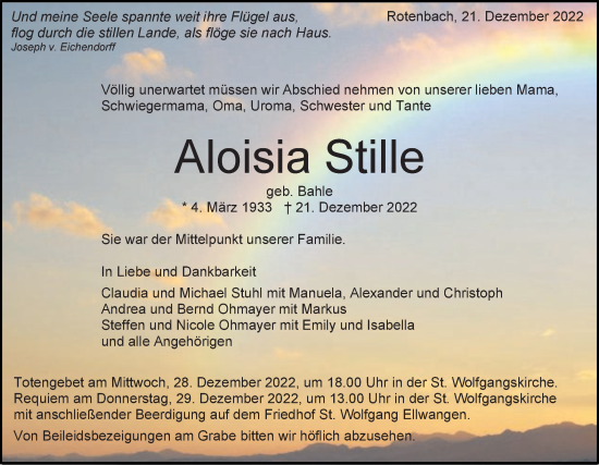 Traueranzeige von Aloisia Stille